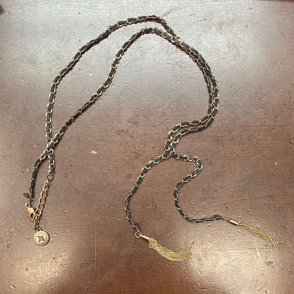Elegant lariat style Black leather and Gold Chain Necklace
